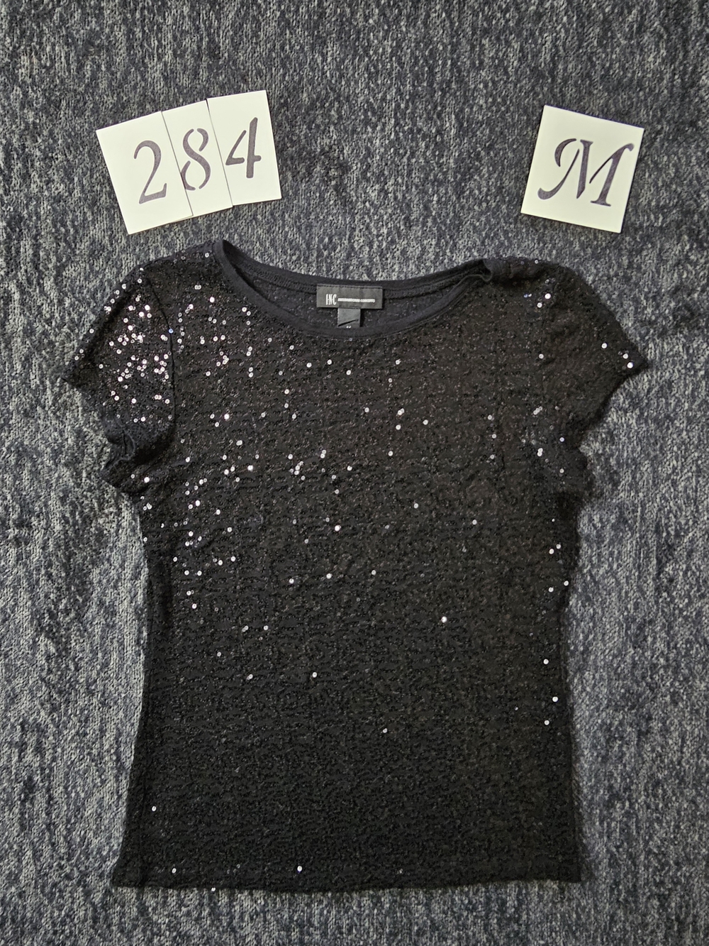 INC International Concepts Black Sequin Short Sleeve Tee